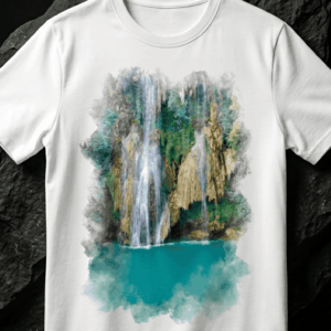 T-shirt blanc en coton avec impression graphique d'une cascade avec bassin d'eau bleu turquoise. Design de produit dérivé et création de contenu par BTarts.