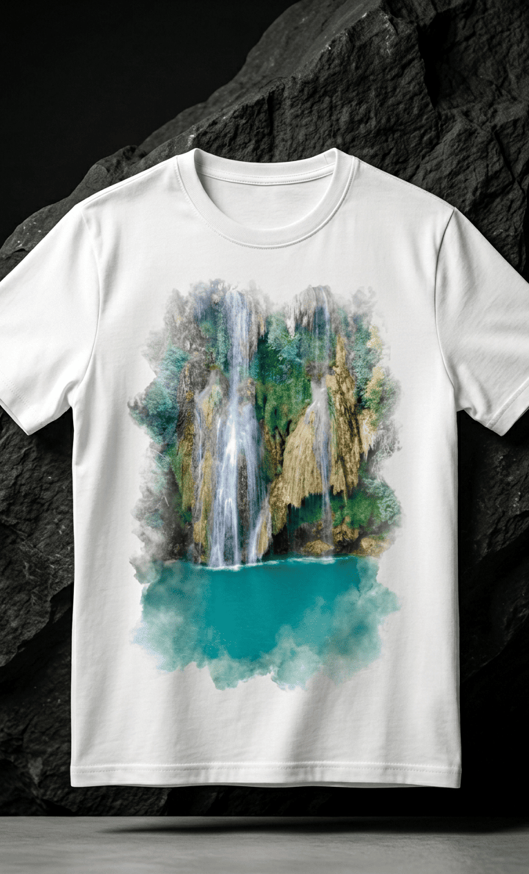 T-shirt blanc en coton avec impression graphique d'une cascade avec bassin d'eau bleu turquoise. Design de produit dérivé et création de contenu par BTarts.