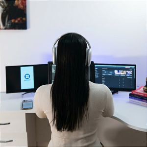 Plan de dos de Bruna Taylor portant un casque audio, travaillant sur un poste de montage vidéo multi-écrans avec logiciel de production et affichage de contenu numérique par BTarts.